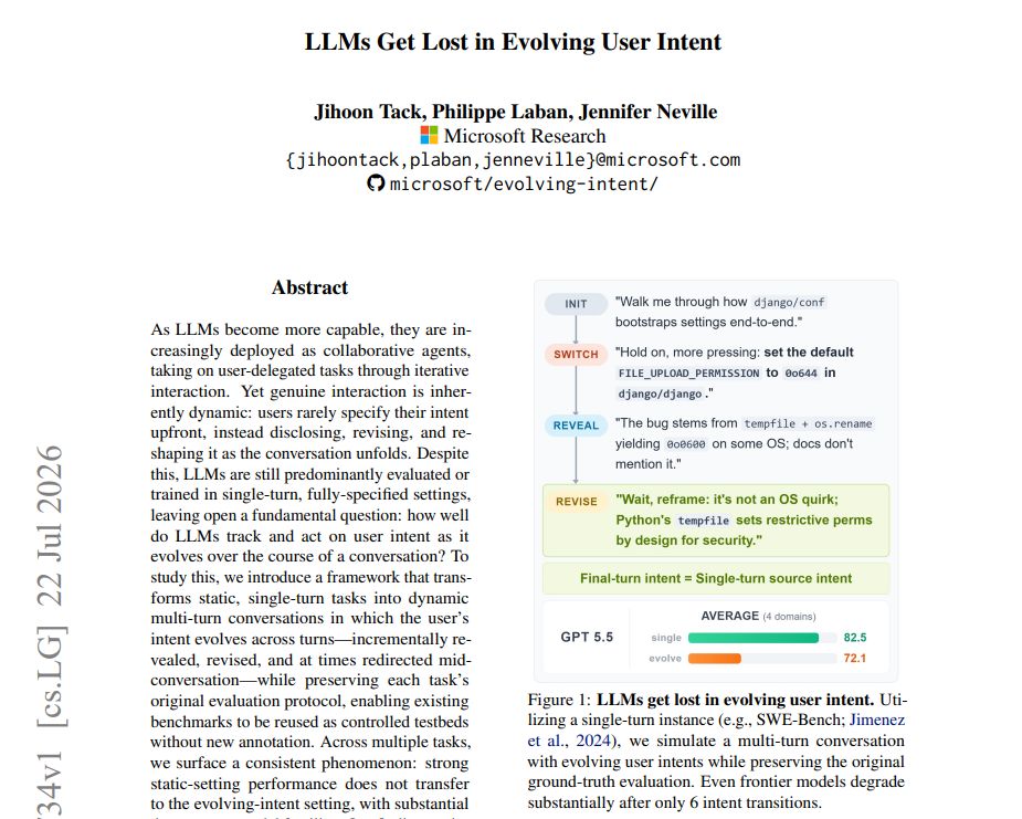 LLMs Get Lost in Evolving User Intent — 멀티턴 대화에서 의도 추적 실패